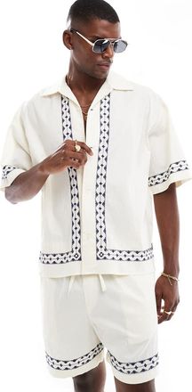 Jack & Jones Camicia in lino color panna con stampa in coordinato-Bianco