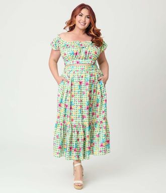 Unique Vintage Plus Size 1950s Tiered Midi Skirt in Green Gingham Print at Nordstrom, Size 1X