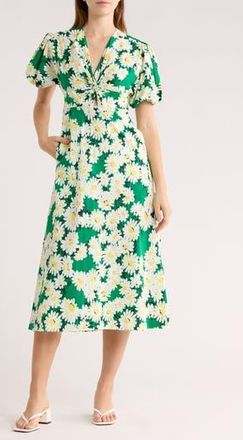 Diane Von F&uuml;rstenberg Majorie Floral Short Sleeve Cotton Blend Midi Dress in Vintage Daisies Med Green at Nordstrom Rack, Size 14