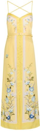 Self Portrait Belted Floral Satin Midi Dress - Yellow - 16 (UK16 / XL)