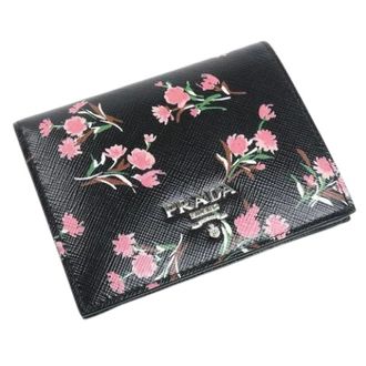 Prada Pre-owned Wallets, female, Black, Size: ONE SIZE Pre-owned Saffiano Flower Bouquet Bifold Wallet