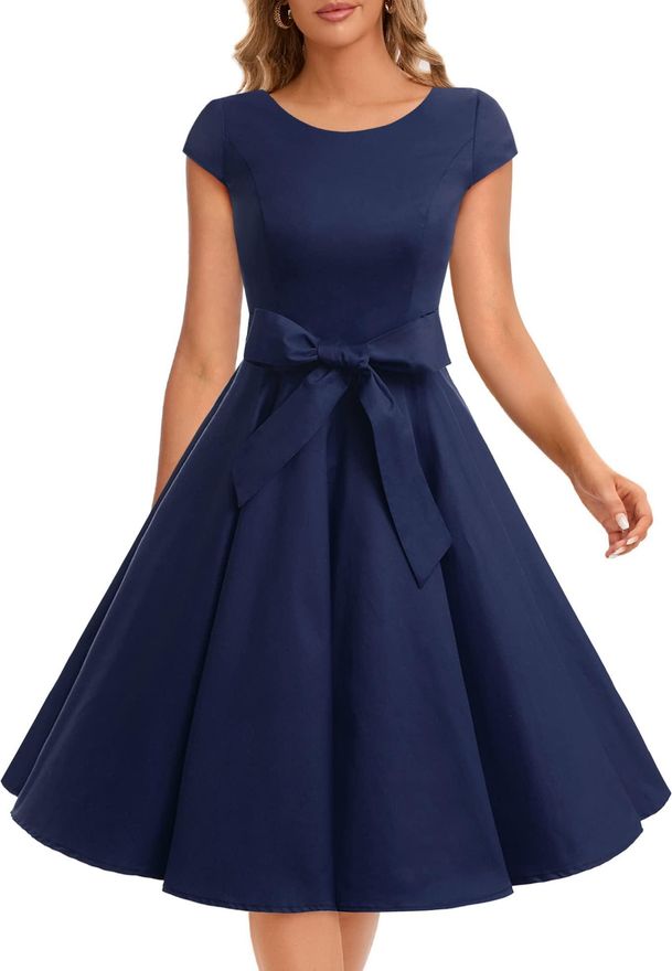 womens navy blue dress for funeral TQWQT Church Dresses for Women Work Maxi Short Sleeve Teacher Dress Summer  Dresses Floral Print Empire Waist Patchwork Ruffle Hem A Line Dress Elegant Funeral  Outfit Navy S