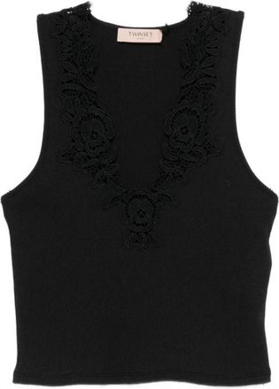 Twinset Acanalado Encaje Top - Dames - Tops zonder mouwen - Zwart - XL - Katoen - Tops