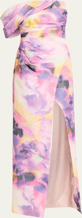 Pamella Roland Floral Taffeta Asymmetric Gown