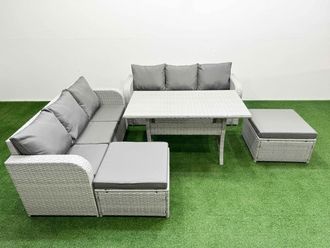 Fimous Outdoor Garden Furniture Sets 8 Seater Wicker Rattan Furniture Sofa Sets w/ Rectangular Dining Table high Back Lounge Sofa 2 Big Footstool