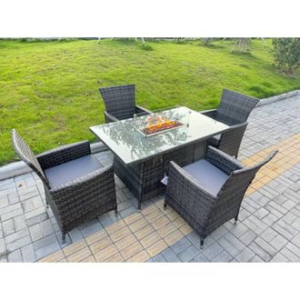 Fimous Rattan Garden Furniture Set 4-seater Patio Gas Firepit Table Chairs in Dark Grey