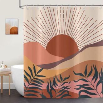 OEM Cortina De Ducha Estilo Boho, 180 X 200 Cm, Motivo De Arte Abstracto Moderno Con Hojas Al Atardecer, Color Beige, Tejido Lavable E Impermeable, Para B