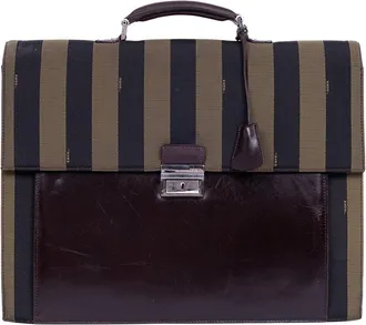 Fendi Brown & Black Pequin Striped Canvas & Black Calfskin Leather Briefcase (Authentic Pre-Loved)