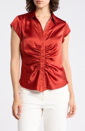 Daniel Rainn Ruched Satin Button-Front Cap Sleeve Blouse in Ketchup at Nordstrom Rack, Size X-Large