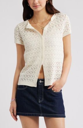 BP. Pointelle Short Sleeve Cardigan in Ivory Antique at Nordstrom, Size Xx-Small