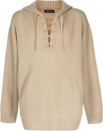 Undercover lace-up wool hoodie - men - Wool - 5 - Brown