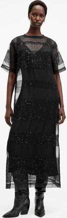 AllSaints Polyester Izabela Embellished Mesh Maxi Dress, Size: UK 16/US 12