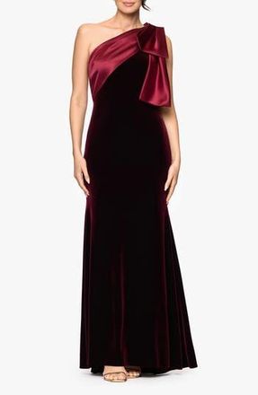 Betsy & Adam Bow One-Shoulder Mikado Gown in Burgundy at Nordstrom Rack, Size 14