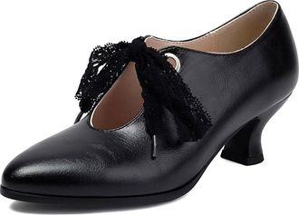 Generic Womens Lace Up Retro Dress Pumps Mid Kitten Heel Casual Shoes Pointed Toe PU Leather Party Prom Shoes,Black,6.5 UK