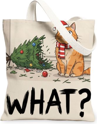 Generic Funny Cat Canvas Tote Bags, Holiday Tree Design Reusable Bags, Winter Lightweight Washable Shoulder Strap Canvas for Travel, Beige, 13x15 Inch