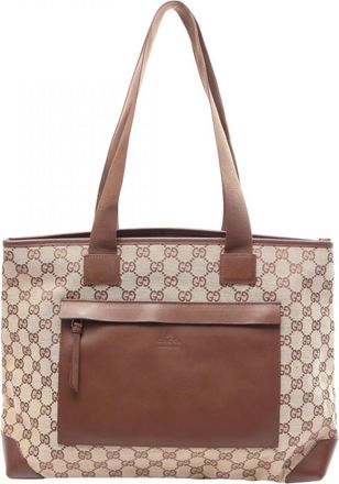 Gucci Beige Brown Leather Canvas Handbag Tote Bag (Pre-Owned)