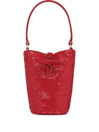 Longchamp mini Le Roseau sequin-embellished bucket bag - women - Canvas/Sequin/Calf Leather - One Size - Red