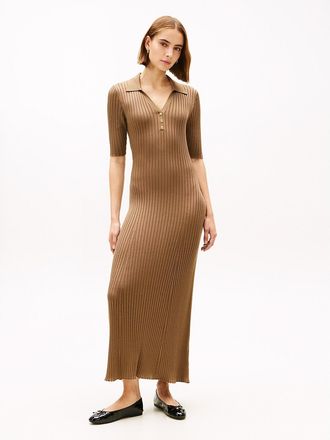 Tommy Hilfiger Womens Gold-Button Rib Knit Polo Dress - Beige - L