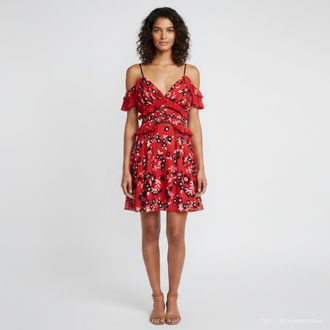Self Portrait Red Floral Print Crepe Ruffled Mini Dress