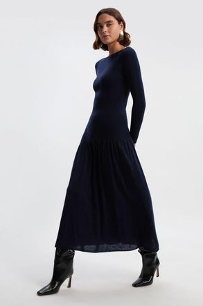 Karen Millen Wool Blend Sheer Knitted Skirt Dress in Ink at Nordstrom, Size X-Small