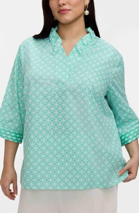 Foxcroft Tammy Geo Lattice Print Ruffle Collar Cotton Top in Green/White at Nordstrom, Size 3X