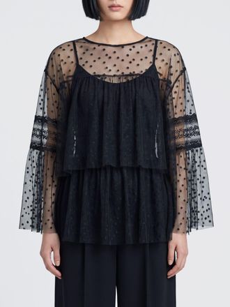 Alberta Ferretti Asymmetrical Polka-Dot Tulle Evening Top with Long Sleeves