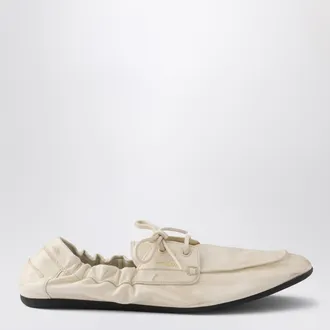 Prada Shuffle boat loafers in antique-effect leather, talc color