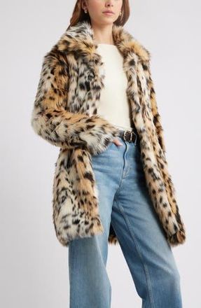 Open Edit Leopard Faux Fur Longline Coat in Leopard Print at Nordstrom Rack, Size X-Small