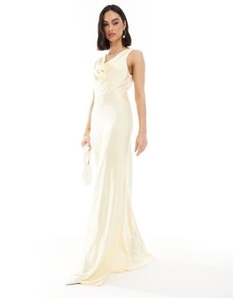 Six Stories Bridesmaid cowl neck satin maxi dress in lemon-Yellow