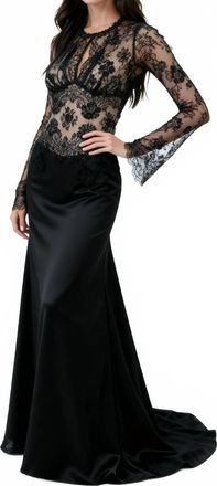 Max Chaoul Floral-Patterned Lace Long-Sleeve Evening Gown In Black