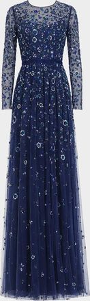 Mac Duggal Beaded Floral Sequin Mesh Gown