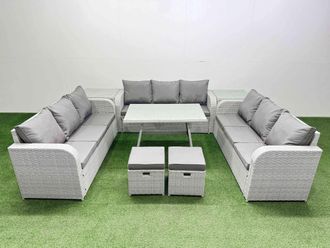 Fimous 11 Seat PE Rattan Garden Furniture with 2 Side Tables 2 Small Stools in Light Grey