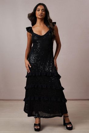 Oasis Womens Occasion Sequin Ruffle Midaxi Dress - Black - Size 10 UK