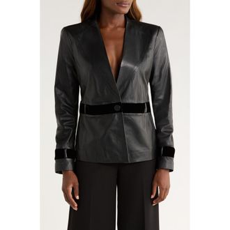 Emporio Armani Velvet Trim Leather Blazer in Solid Black at Nordstrom, Size 2 Us