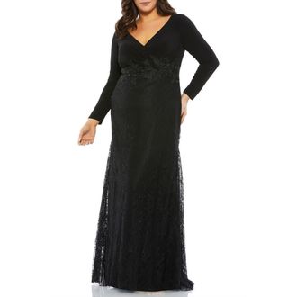 Mac Duggal Wrap-Over Long Sleeve Lace Applique Trumpet Gown in Black at Nordstrom, Size 14W