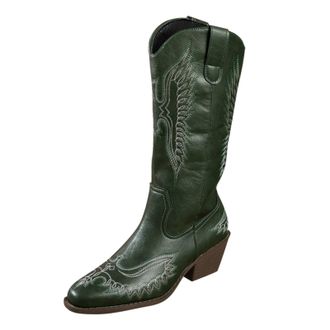 Generic Waterproof Walking Boots Womens Cowboy Boots Slip-on Half-Height Leather Comfortable Chunky Heel Side Buckle with Zip Snow Green