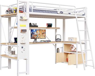 STILVORA Cama Alta 90 X 200 Cm Con Led, Usb, Escritorio, Almacenamiento Y Estantes, Sin Colch&oacute;n, De Metal, Blanco