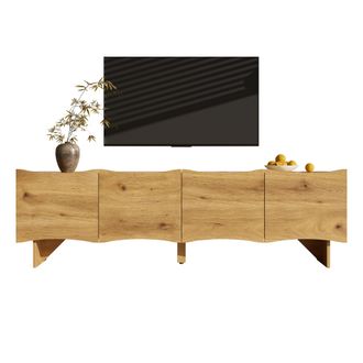 STILVORA Mueble De Tv Con 4 Puertas Y 4 Pasacables, Patr&oacute;n Ondulado, Estilo Moderno, Sal&oacute;n, 155&times;36&times;47 Cm, En Tablero De Part&iacute;culas, Natural