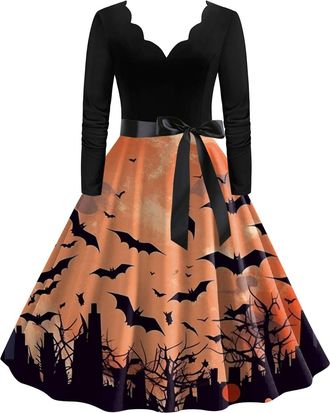 Generic Halloween Costumes for Women Retro Long Sleeve V Neck Dress Flare Vintage Hepburn Dresses Pumpkin Bat Witch Printed Cosplay Party Costume Cocktail Swi