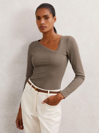 Reiss Taupe Neutral Stretch-cotton Asymmetric-neck Top, M