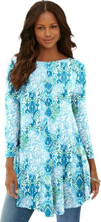Roaman's Plus Size Boatneck Swing Ultra Drape Tunic Top in Aqua Animal Ikat at Nordstrom, Size 36