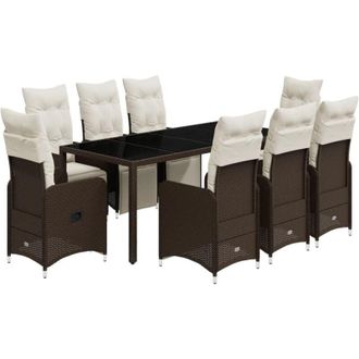 vidaXL Set De Mesa Y Sillas Jard&iacute;n 9 Piezas Y Cojines Rat&aacute;n Pe Marr&oacute;n Vidaxl