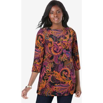 Jessica London Stretch Cotton Boatneck Tunic in Black Multi Paisley at Nordstrom, Size 36