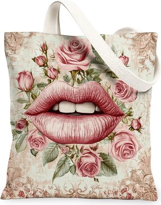 Generic Vintage Floral Canvas Tote Bag, Elegant Lips and Roses Print Reusable Grocery Bag, Lightweight Washable Shoulder Strap Canvas for Shopping Travel Beac