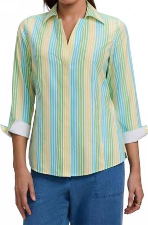 Foxcroft Taylor 3/4 Sleeve Ombre Stripe Shirt In Green Multi