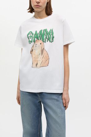 Ganni White Graphic Bunny Jersey T-shirt - Size XXS Cotton