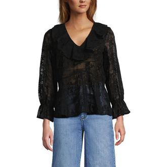 Lands End Feminine Ruffle Chiffon V Neck Blouse in Black at Nordstrom, Size X-Small