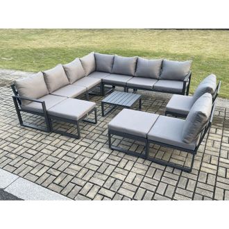 Fimous 11 Seater Patio Outdoor Garden Furniture Aluminium Lounge Corner Sofa Set with Square Coffee Table with 2 Big Footstools Dark Grey - Fimous