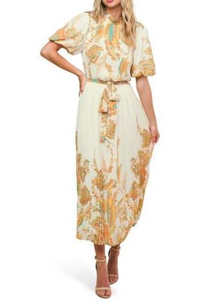 Flying Tomato Paisley Puff Sleeve Pliss&eacute; Midi Dress in Ivory at Nordstrom Rack, Size Medium