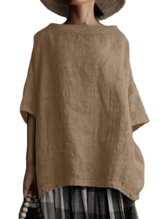 Camicetta Donna In Cotone E Lino, Manica 3/4, Girocollo, Top Estivo Casual, Taglia Regolare